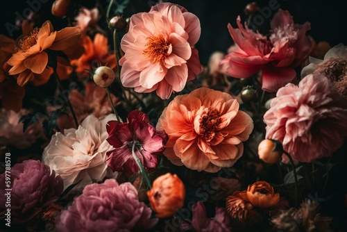Artistic blend of pink and orange flowers arranged elegantly. Generative AI