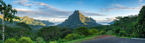 Scenic view from Belvedere Lookout at sunrise, Moorea island, French Polynesia