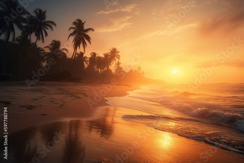A serene beach scene at sunrise, gentle waves lapping against the shore, palm trees swaying in the breeze