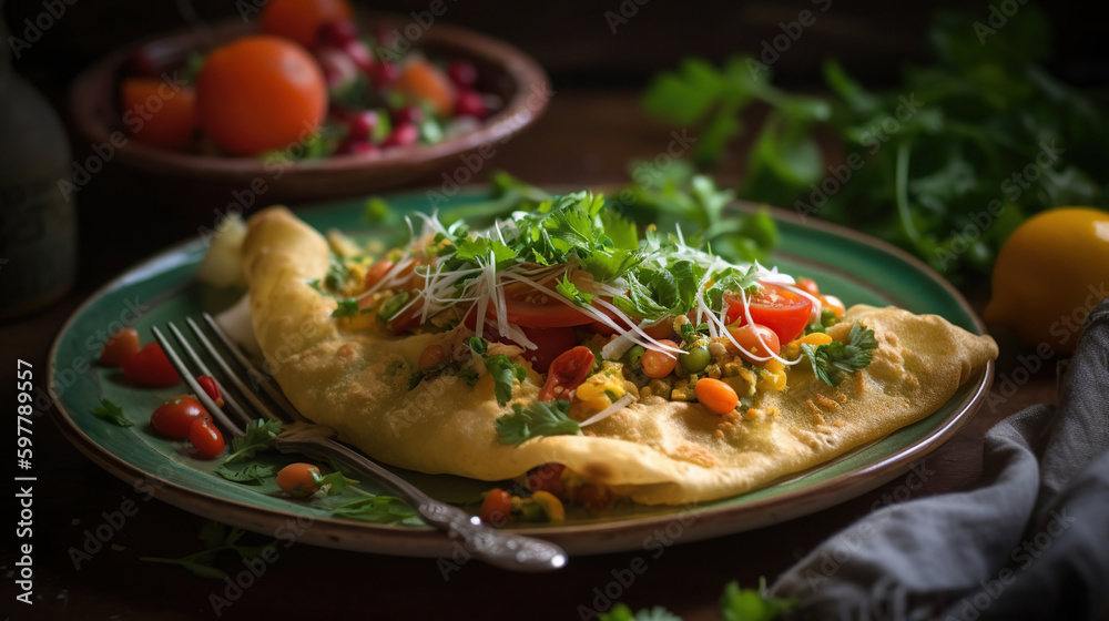 Indian chickpea crepes Pudla served on a plate with blur background, generative ai Indian chickpea crepes Pudla served on a plate with blur background, generative ai