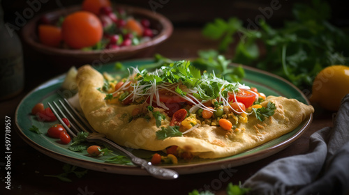 Indian chickpea crepes Pudla served on a plate with blur background, generative ai