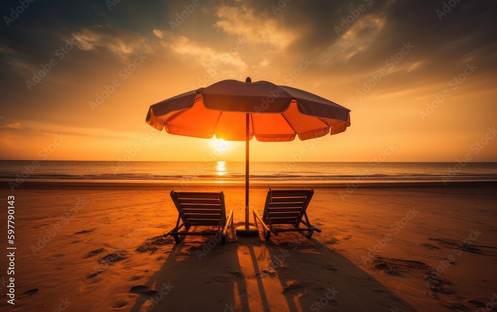 chaise longue under an umbrella on the beach, sun, sea vacation, vacation, photography, ai