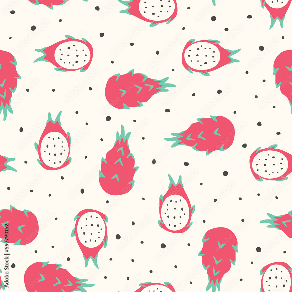 Seamless pattern dragon fruits tropical fruits wallpaper background backdrop vector texture illustration
