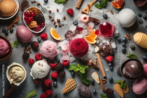 Assorted frozen desserts on a food background. Healthy vegan options for a balanced diet. Generative AI