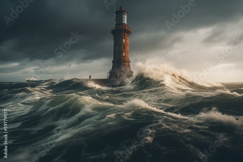 Lighthouse in stormy sea. Generative AI