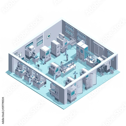 Pharma, pharmaceautical clean room, production line in controlled sterile conditions, AI generative industrial interior, isometric cartoon image photo