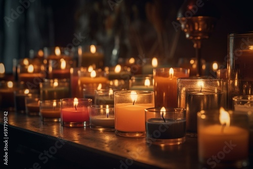 Close-up of candles glowing on a table. Generative AI