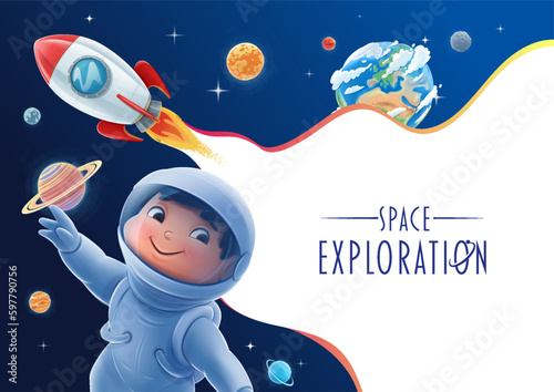 graphic illustration child astronaut in space with planets and rocket