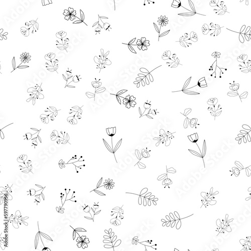 Seamless pattern of Hand drawn wild flowers background. Drawing doodle stroke outline. Art abstract concept. Floral and Nature theme. Thin line sketch. Isolated white background. Vector illustration. 