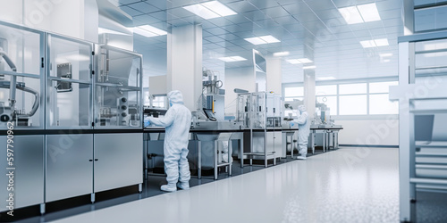 Pharma, pharmaceautical clean room, industrial design for large scale chemical production in controlled sterile conditions, AI generative industrial interior, panoramic banner.