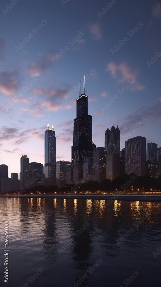 Fototapeta premium Cityscape of chicago at dusk with lights from the skyline. Generative AI