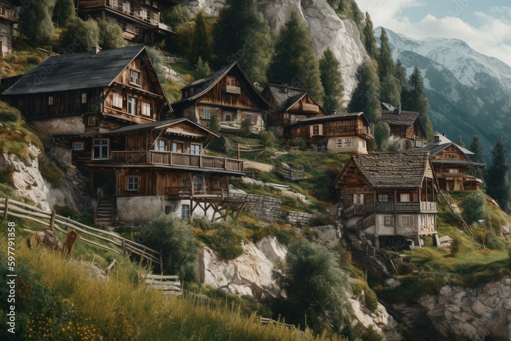 An oil painting depicting Austrian alpine houses. Generative AI