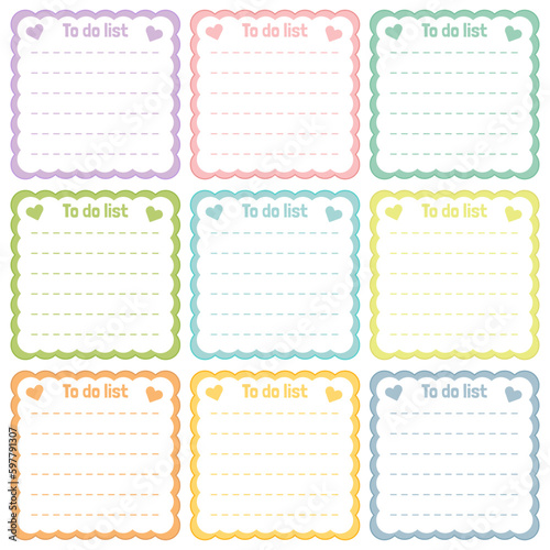 Cute blank paper notes. Stationery organizer set. Scrapbook notes and memo schedule.Printable planner stickers. To Do List sticky note pad. Digital planning element. Vector illustration.