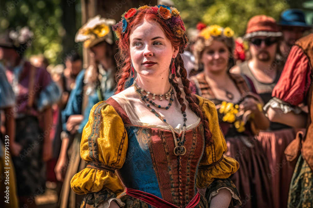 Costumed woman at a renaissance fair. Generative AI
