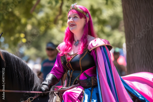 Woman on horseback at renaissance fair. Generative AI photo