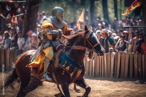 Jousting knight on horseback, renaissance fair. Generative AI