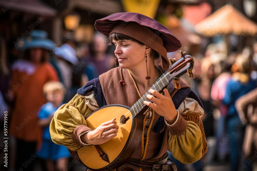 Musician playing lute at a renaissance fair. Generative AI Musician playing lute at a renaissance fair. Generative AI