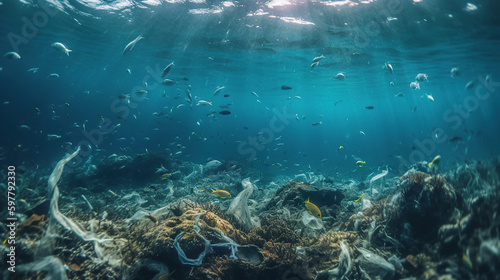 Bottle Plastic Pollution In Ocean - Underwater Shine With garbage Floating, generative ai