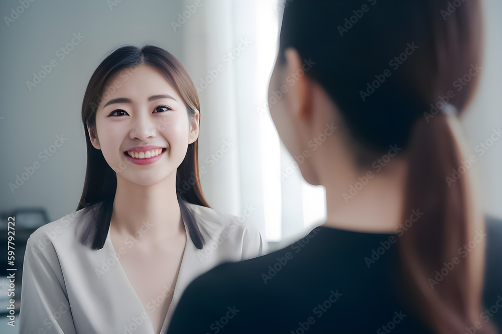A clinical photo of a young Asian woman engaging in a conversation with a female doctor about her health. generative AI.
