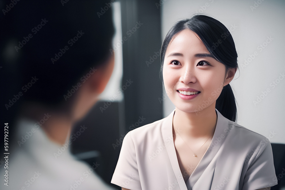 A clinical photo of a young Asian woman engaging in a conversation with a female doctor about her health. generative AI. A clinical photo of a young Asian woman engaging in a conversation with a female doctor about her health. generative AI.