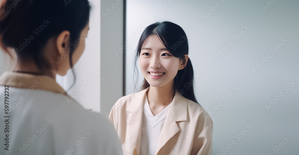 A clinical photo of a young Asian woman engaging in a conversation with a female doctor about her health. generative AI. A clinical photo of a young Asian woman engaging in a conversation with a female doctor about her health. generative AI.