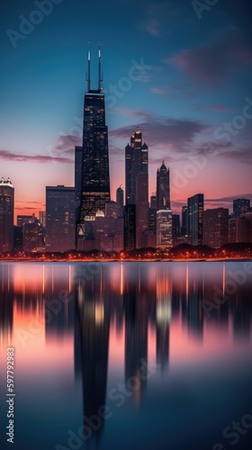 Cityscape of chicago at dusk with lights from the skyline. Generative AI