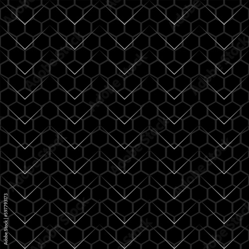 seamless texture from a grid of hexagons on a dark background and with a pattern in the form of a tire tread for prints on fabrics, banners, packaging and for interior design and backgrounds