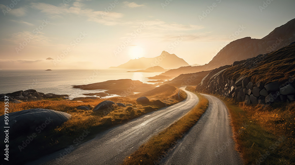 Road by the sea in sunrise time, Lofoten island, Norway, generative ai