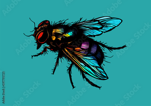 Colored vector  inked style house fly wall art