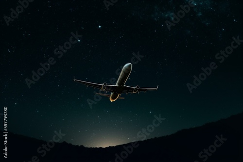 A plane flying through the night sky. Generative AI