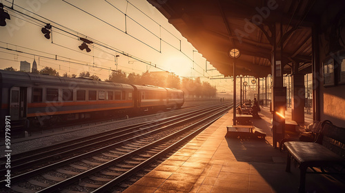 The Golden Hour - A Beautiful Train Stop at Sunset, generative ai