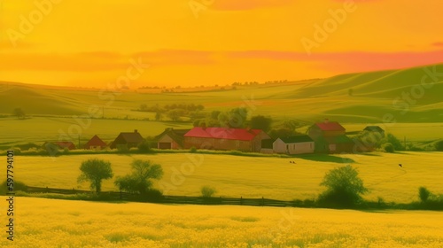 Beautiful local farm with sunset in the countryside field. Generative AI © Natee Meepian