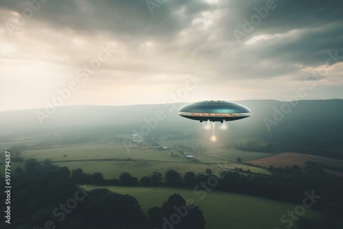 A simple UFO spaceship is hovering over landscape, beaming to earth, with smoke and clouds in the background. Generative AI