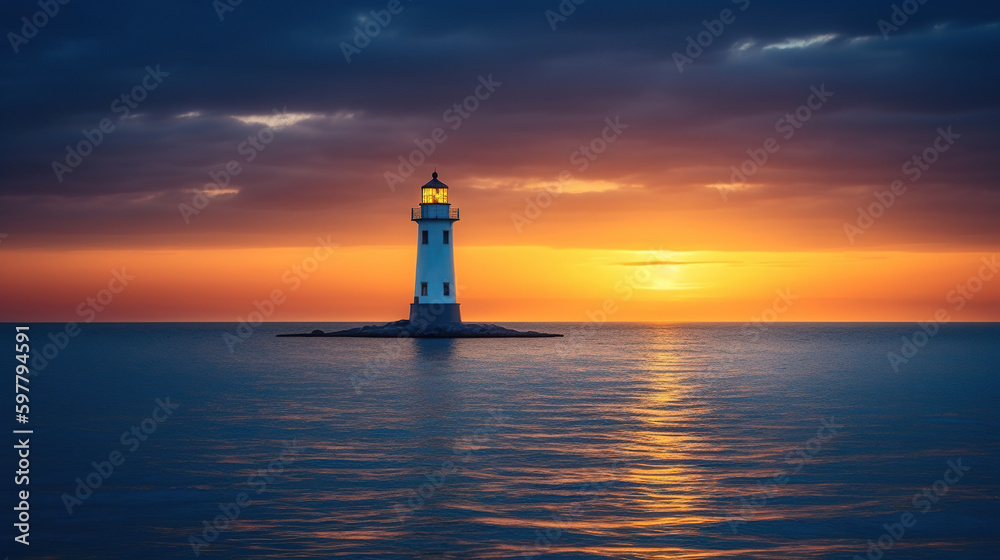 Fototapeta premium Lighthouse in blue ocean at sunset landscape, generative ai