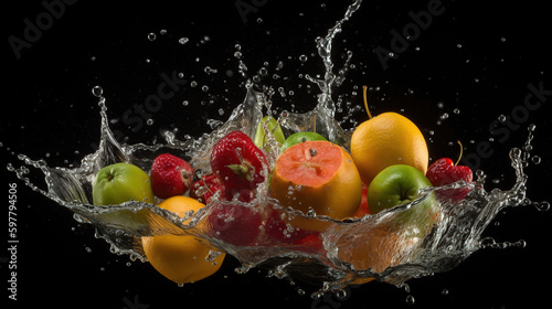 Hyper realistic fruit falling in water flow, motion, crystals, generative ai
