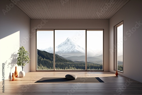 Clean and calm yoga studio with beautiful nature view. Interior design. Generative AI