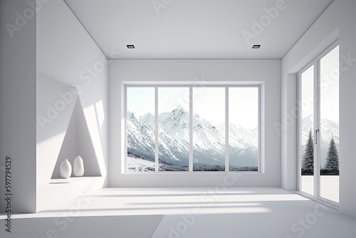 Clean and calm yoga studio with beautiful nature view. Interior design. Generative AI