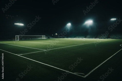 I see a bright green soccer field illuminated by spotlights. Generative AI