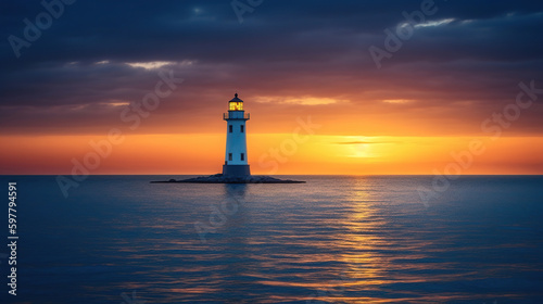 Lighthouse in blue ocean at sunset landscape, generative ai