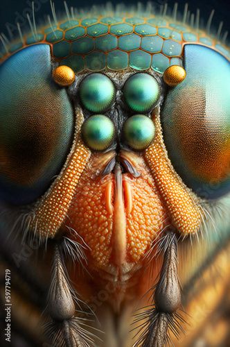 Extreme close up of colorful insect eyes. Created with Generative AI technology.