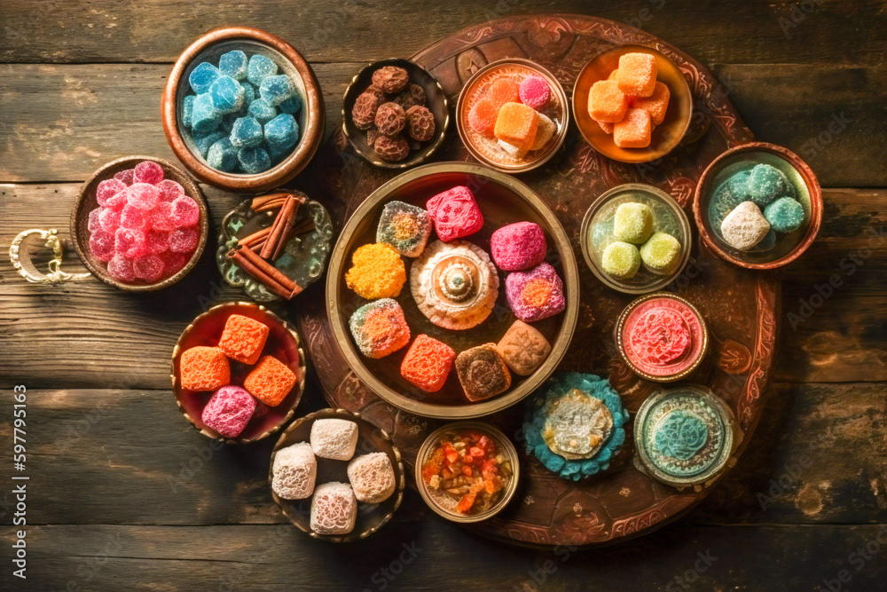 Turkish delights. Various pieces of traditional Turkish sweets on a wooden table. Created with Generative AI technology. Turkish delights. Various pieces of traditional Turkish sweets on a wooden table. Created with Generative AI technology.