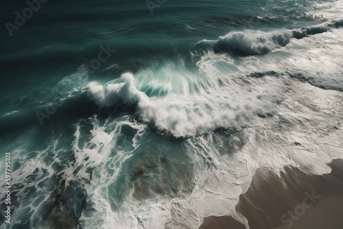 An aerial view of waves on the beach. Generative AI