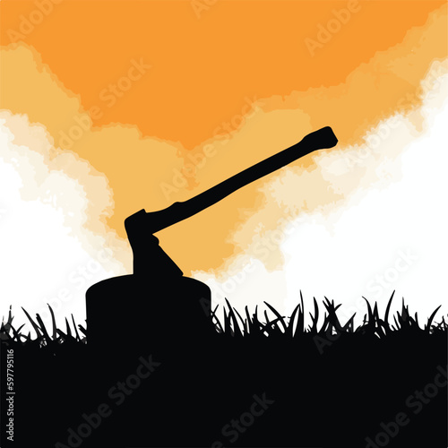 Isolated wooden axe stuck on wooden stump vector black silhouette on grass and evening orange sky background. Simple flat concepted digital art style drawing.