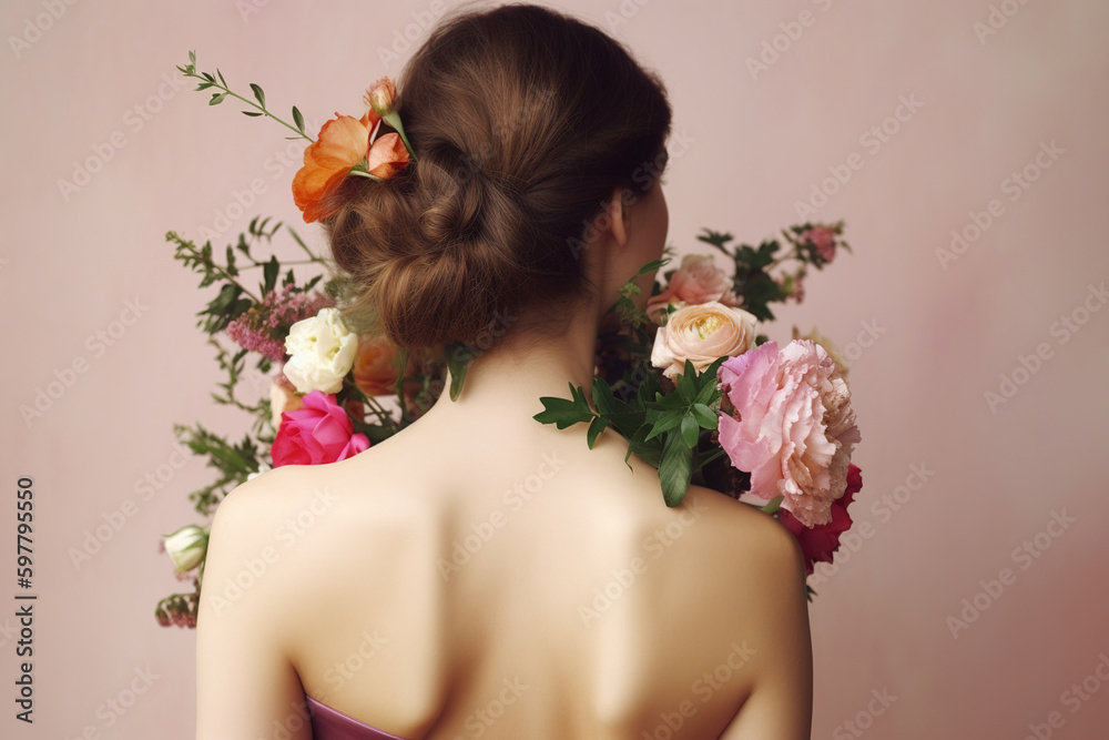 Naklejka premium Young woman with flowers, rear view. AI generated image.