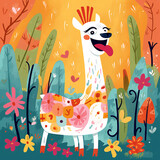 A Happy Llama Vector Style Illustration Colorful Floral Background Generative Ai Digital Illustration Part#290423