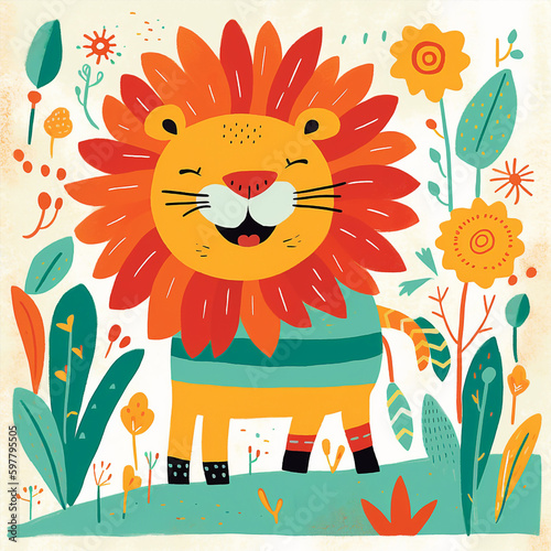 A Happy Lion Vector Style Illustration Colorful Floral Background Generative Ai Digital Illustration Part 290423