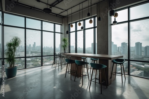 Contemporary coworking space with furniture  equipment  and cityscape view from panoramic windows. Generative AI