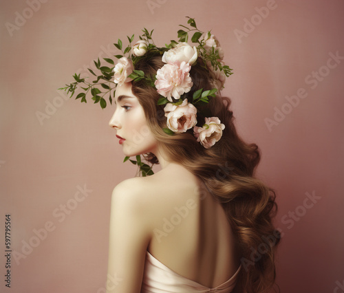 Beautiful young woman with floral wreath. AI generated image.