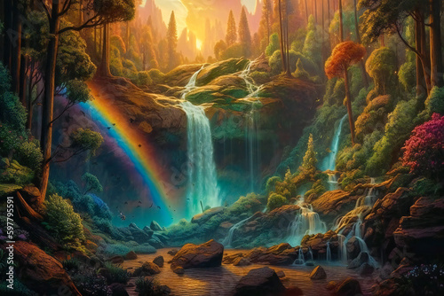 Magical psychedelic landscape, with a waterfall, colorful plants and a rainbow. Created with Generative AI technology.