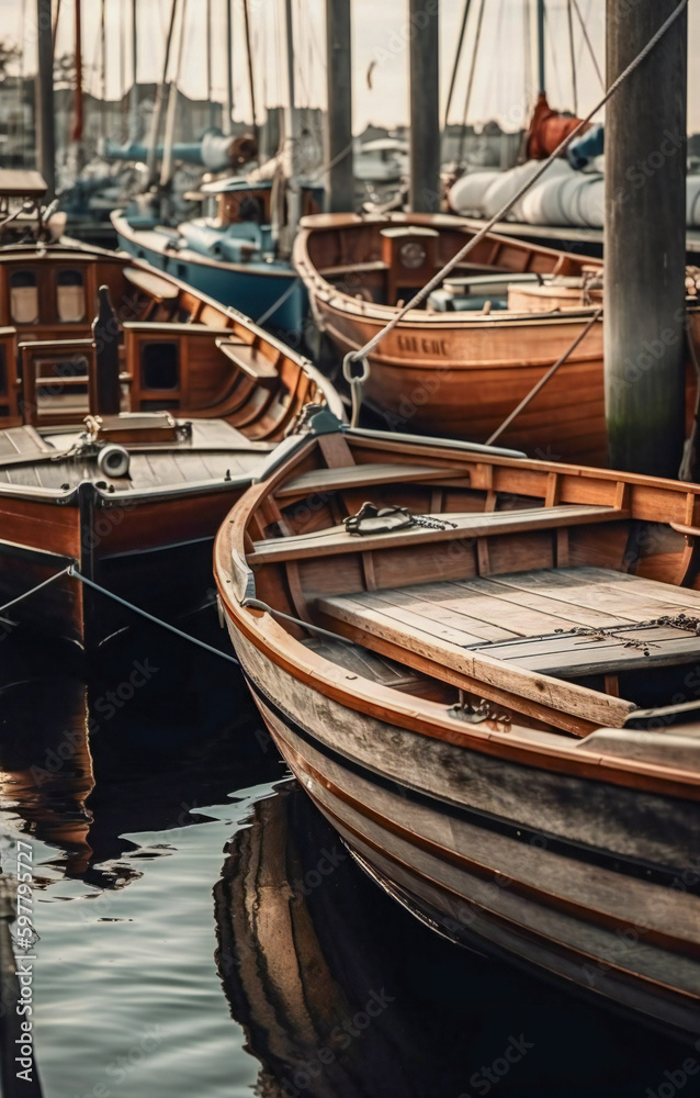 Old wooden boats in a harbor. Created with Generative AI technology.